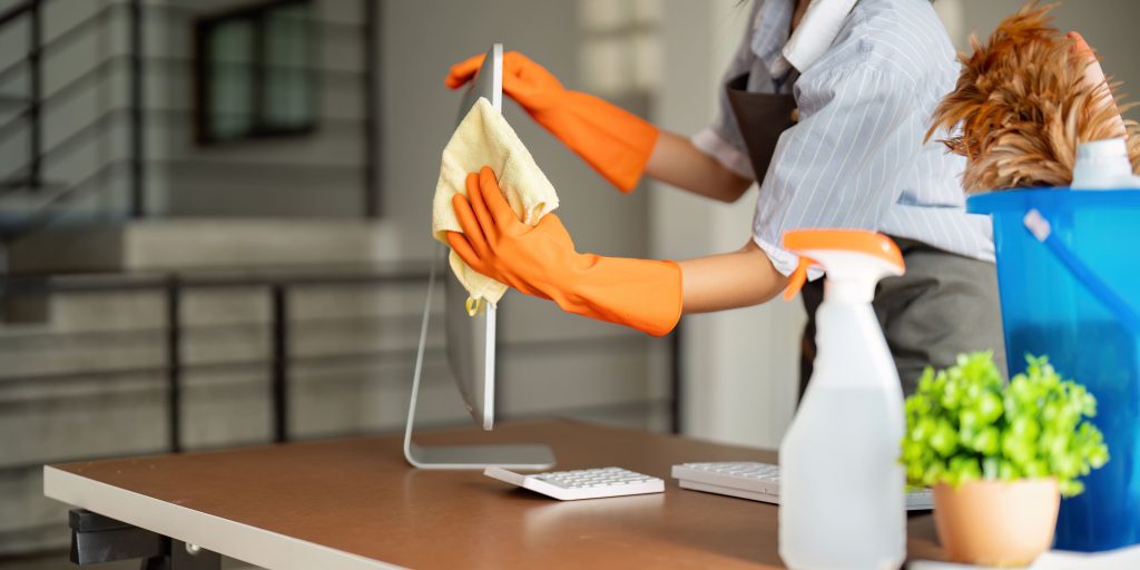 a woman use detergent cleaning things